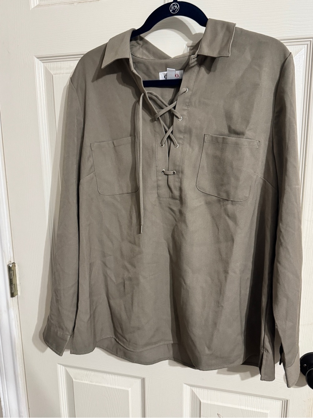 Denim&Co Lace-Up Long Sleeve Tunic Top in Taupe